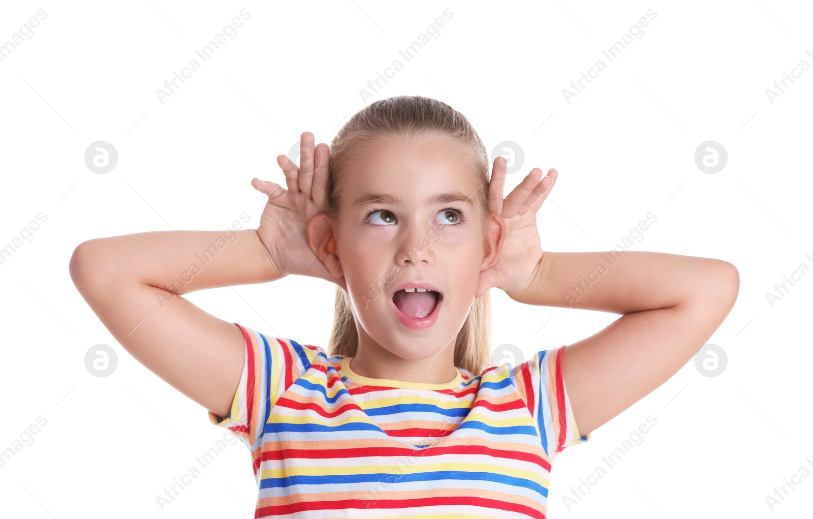 Photo of Cute little girl with hearing problem on white background