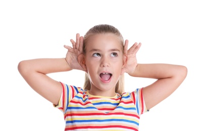 Photo of Cute little girl with hearing problem on white background