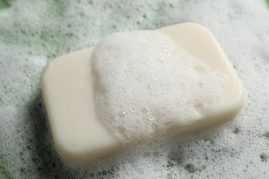 Closeup view of soap and fluffy foam