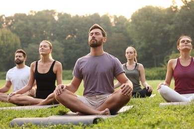 Photo of Group of people practicing yoga on mats outdoors. Lotus pose