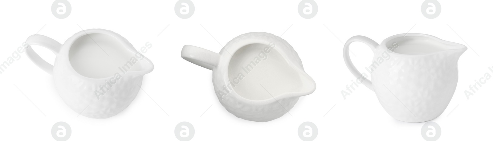 Image of Collage with pitcher of milk isolated on white, different angles