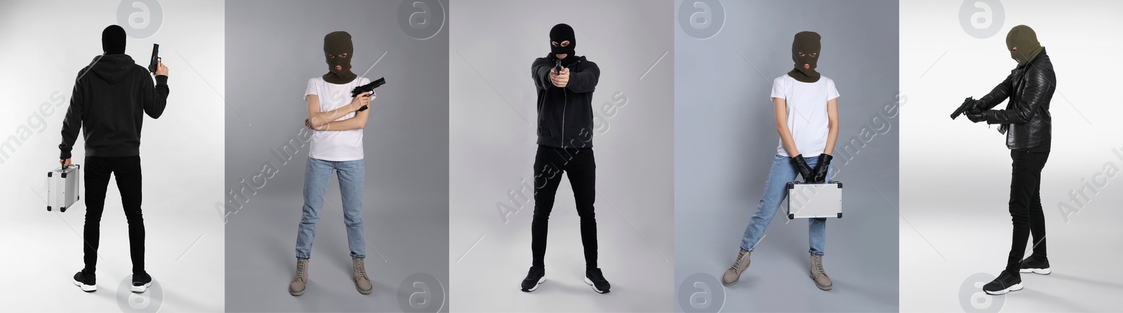 Image of Collage with photos of people in balaclavas on grey background