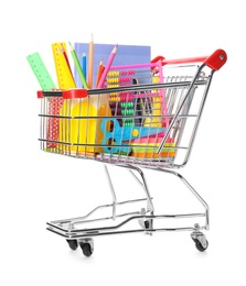 Photo of Small shopping cart with different stationery on white background. Back to school