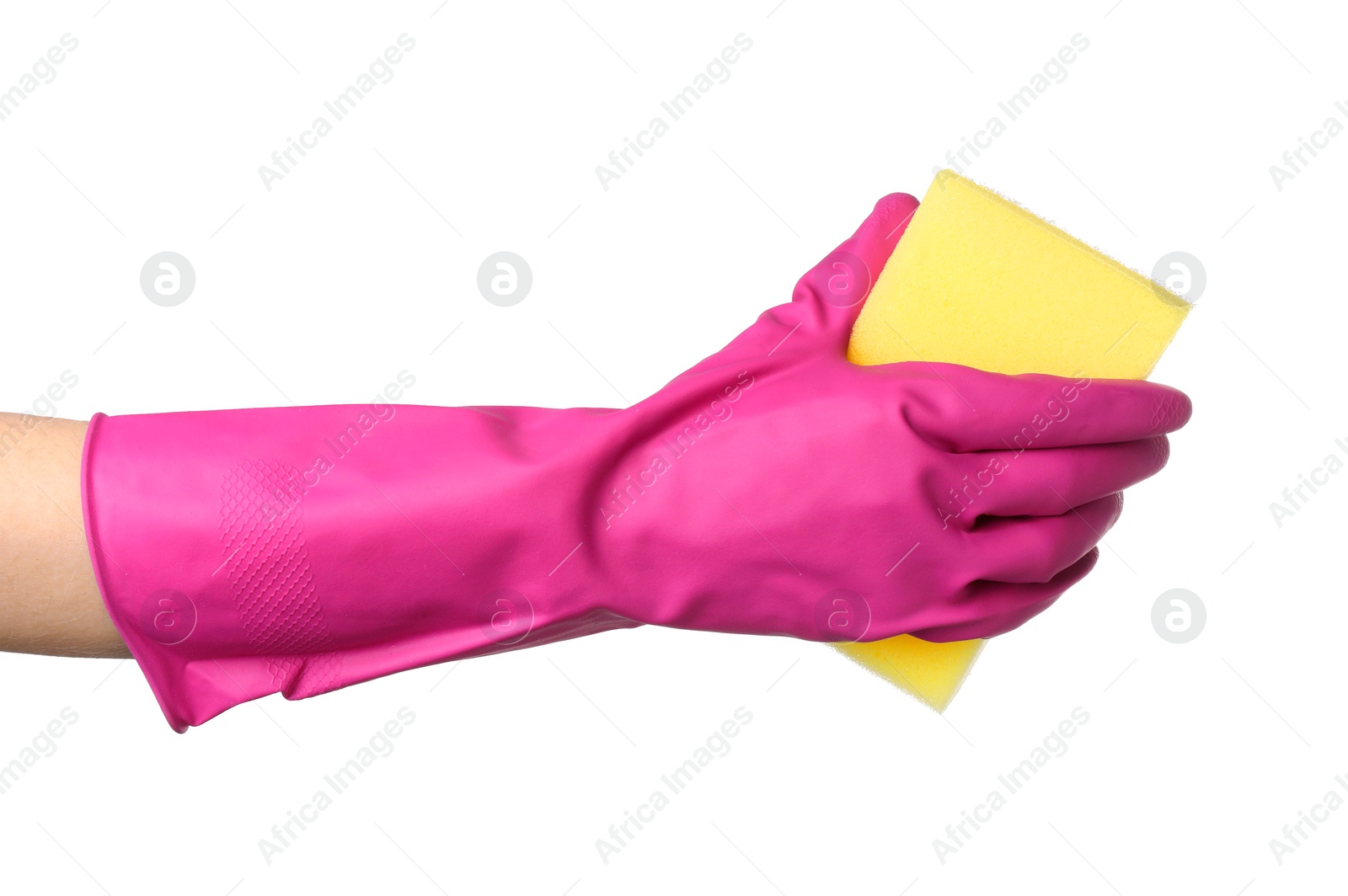 Photo of Cleaner in rubber glove holding new yellow sponge on white background, closeup