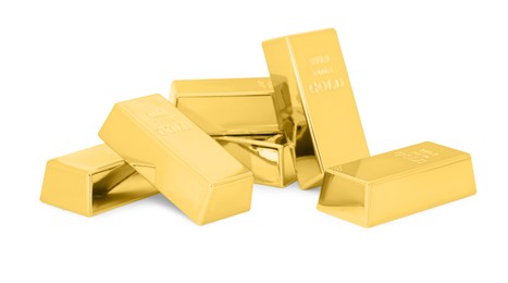 Many shiny gold bars isolated on white