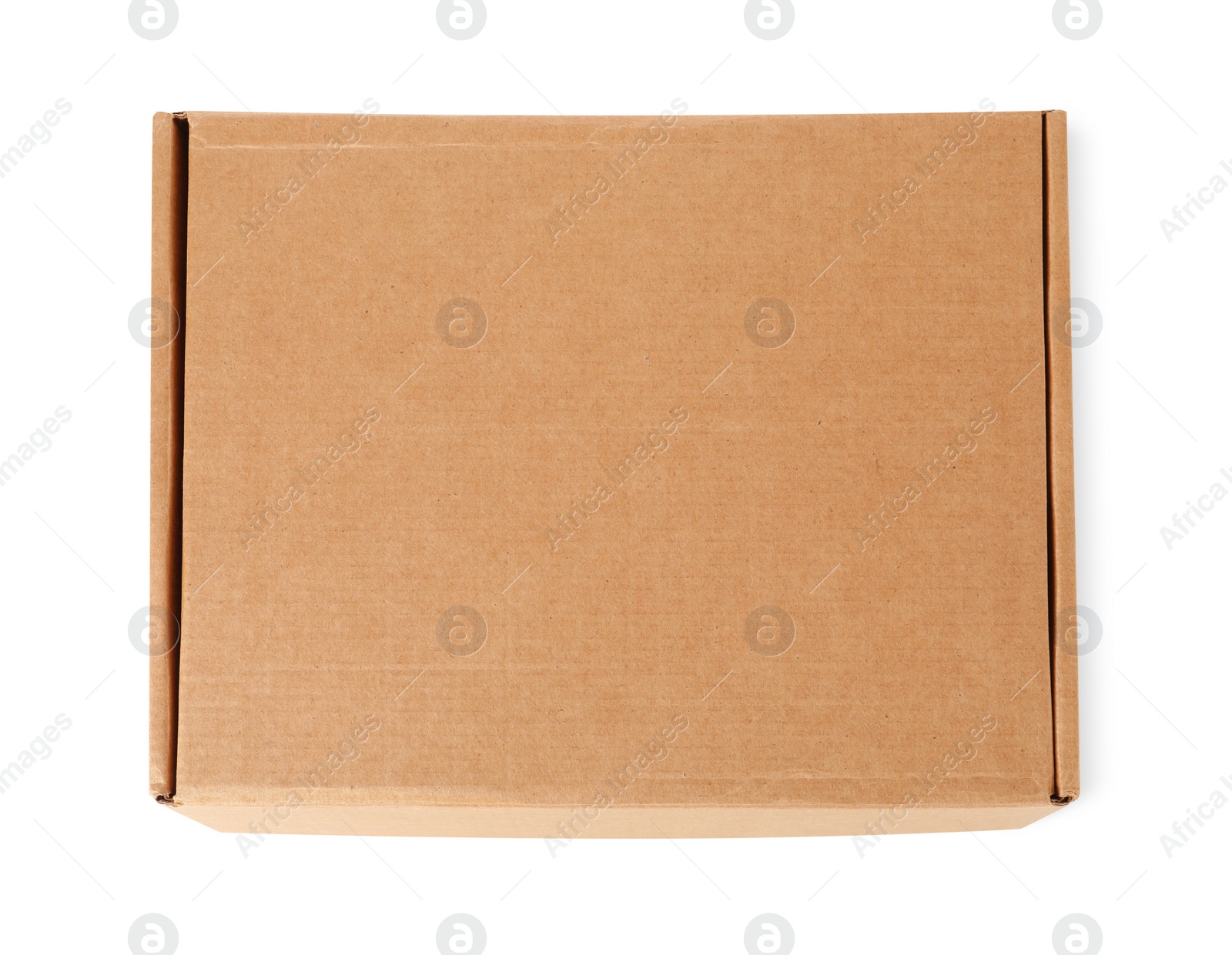 Photo of One closed cardboard box isolated on white, top view