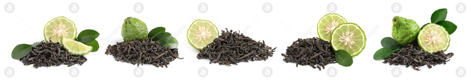 Image of Set with dry tea leaves and bergamot fruits on white background. Banner design