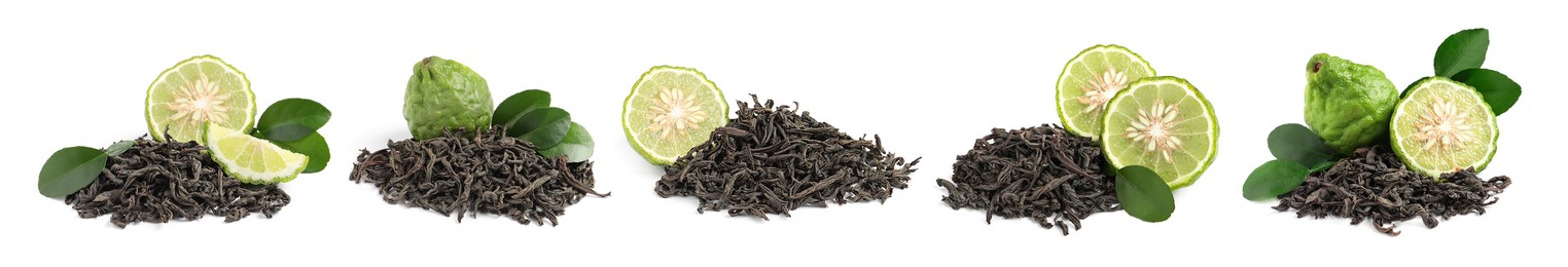 Image of Set with dry tea leaves and bergamot fruits on white background. Banner design