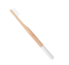 Photo of Bamboo toothbrush on white background. Dental care