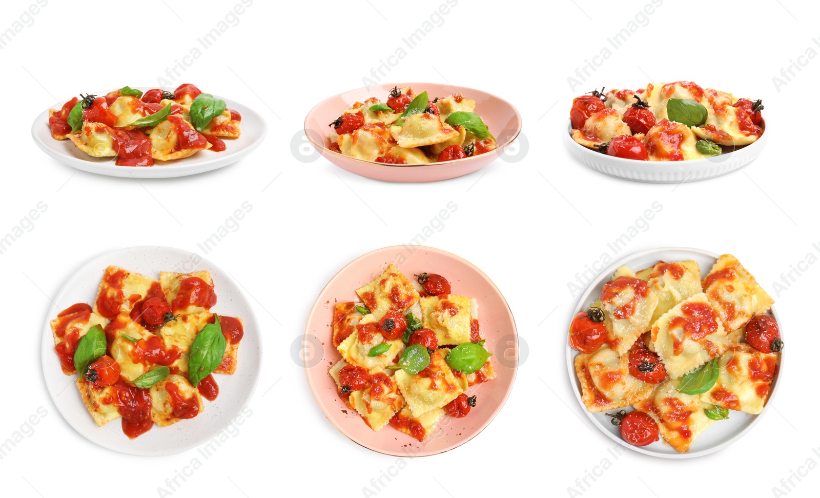 Image of Set of tasty ravioli with tomato sauce on white background