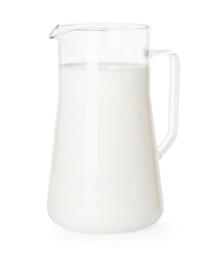 Photo of Glass jug with fresh milk isolated on white