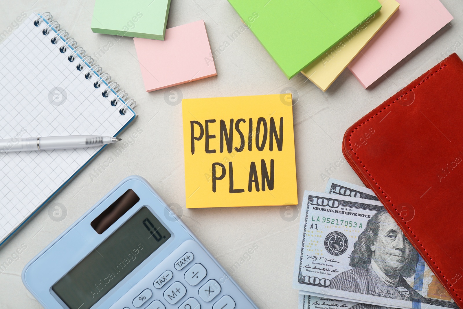 Photo of Note with words Pension Plan, banknotes and calculator on white office table, flat lay