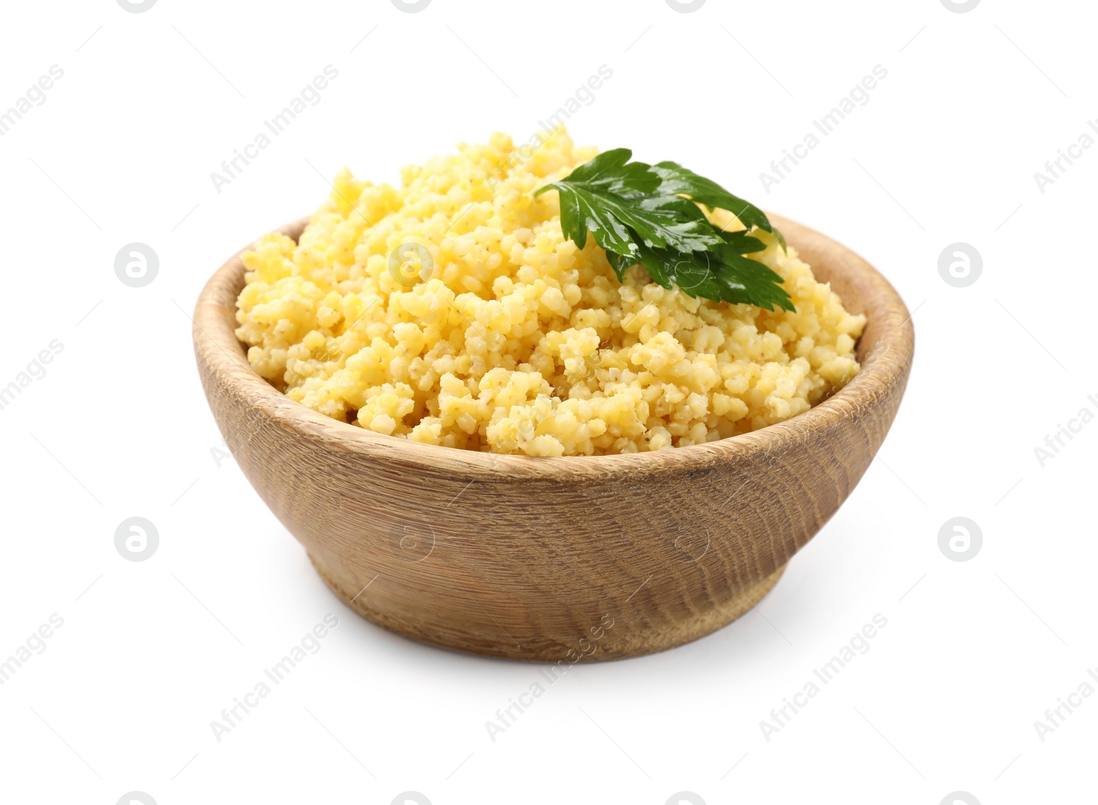 Photo of Tasty millet porridge with parsley in bowl isolated on white