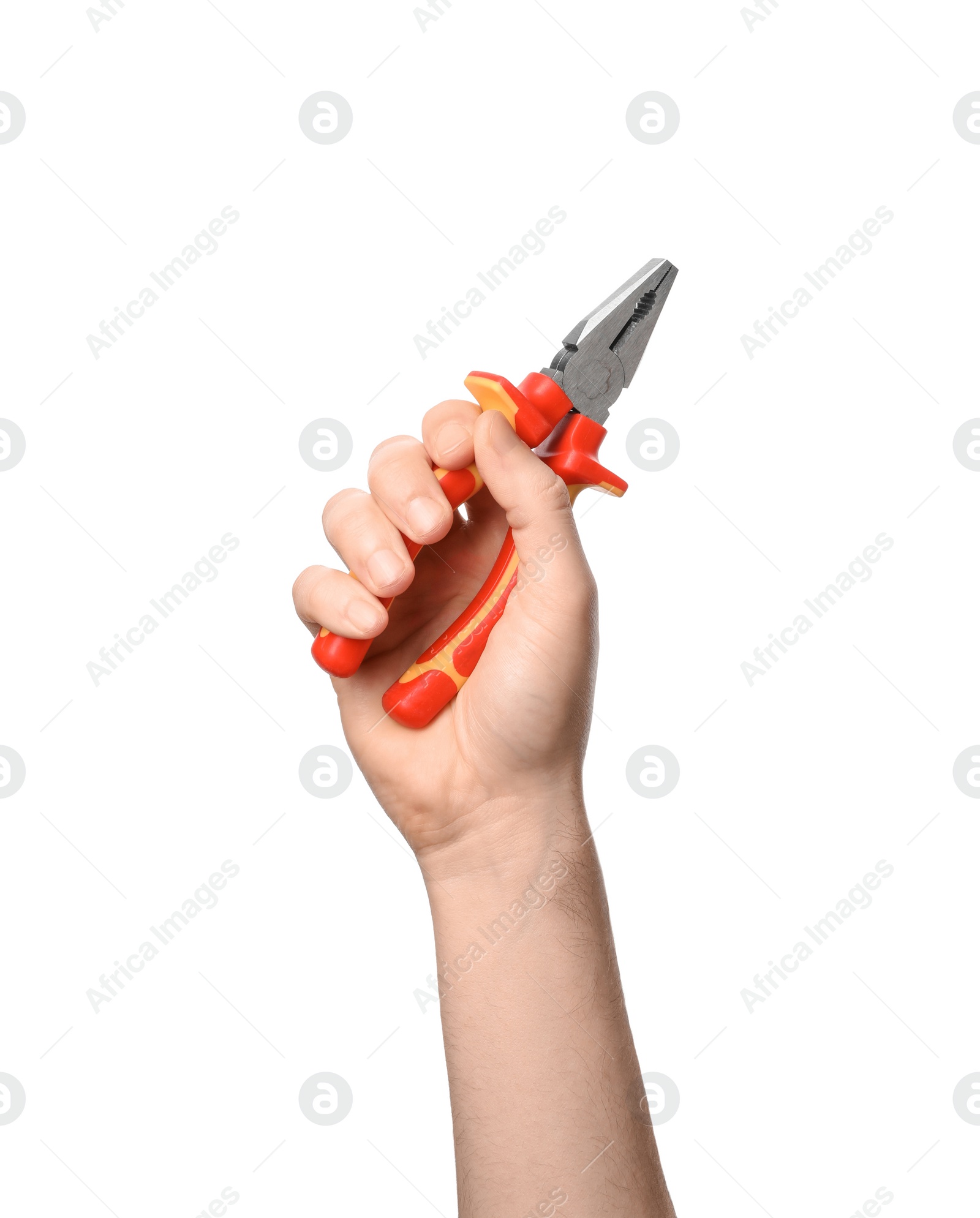 Photo of Man holding pliers isolated on white, closeup