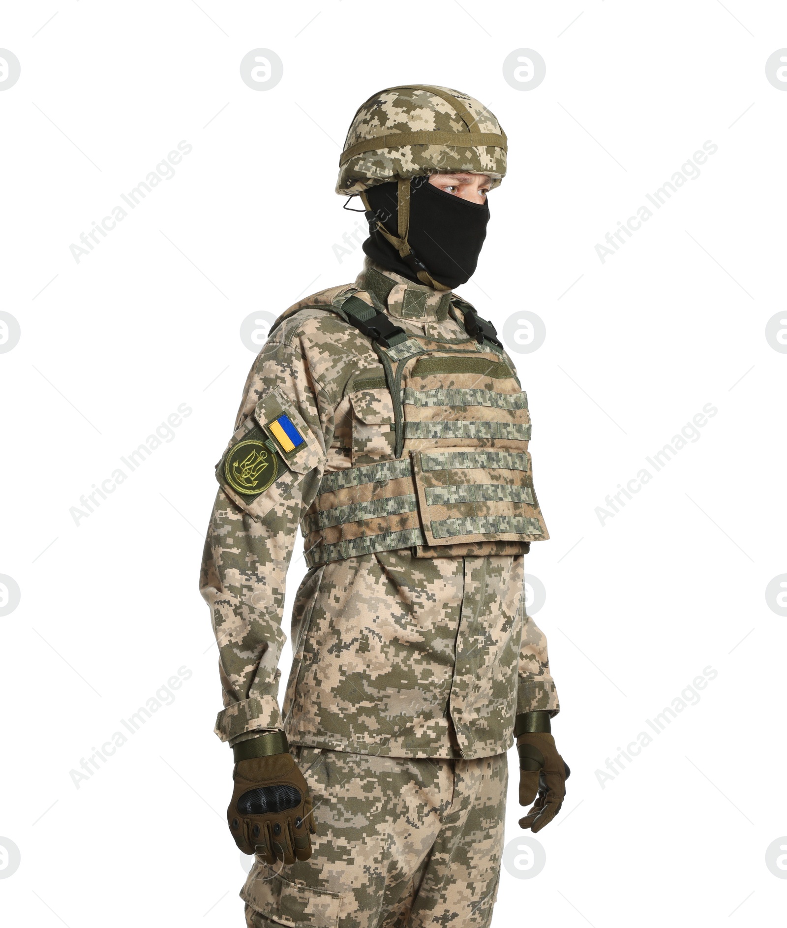 Photo of Ukrainian soldier in military uniform, helmet and balaclava on white background