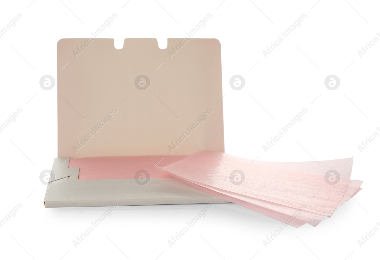 Photo of Package with facial oil blotting tissues on white background. Mattifying wipes