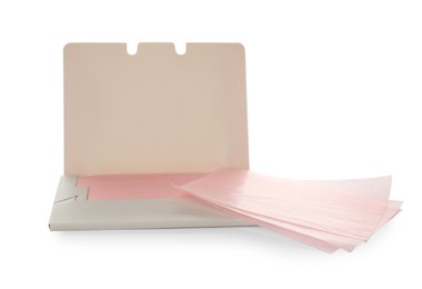 Photo of Package with facial oil blotting tissues on white background. Mattifying wipes