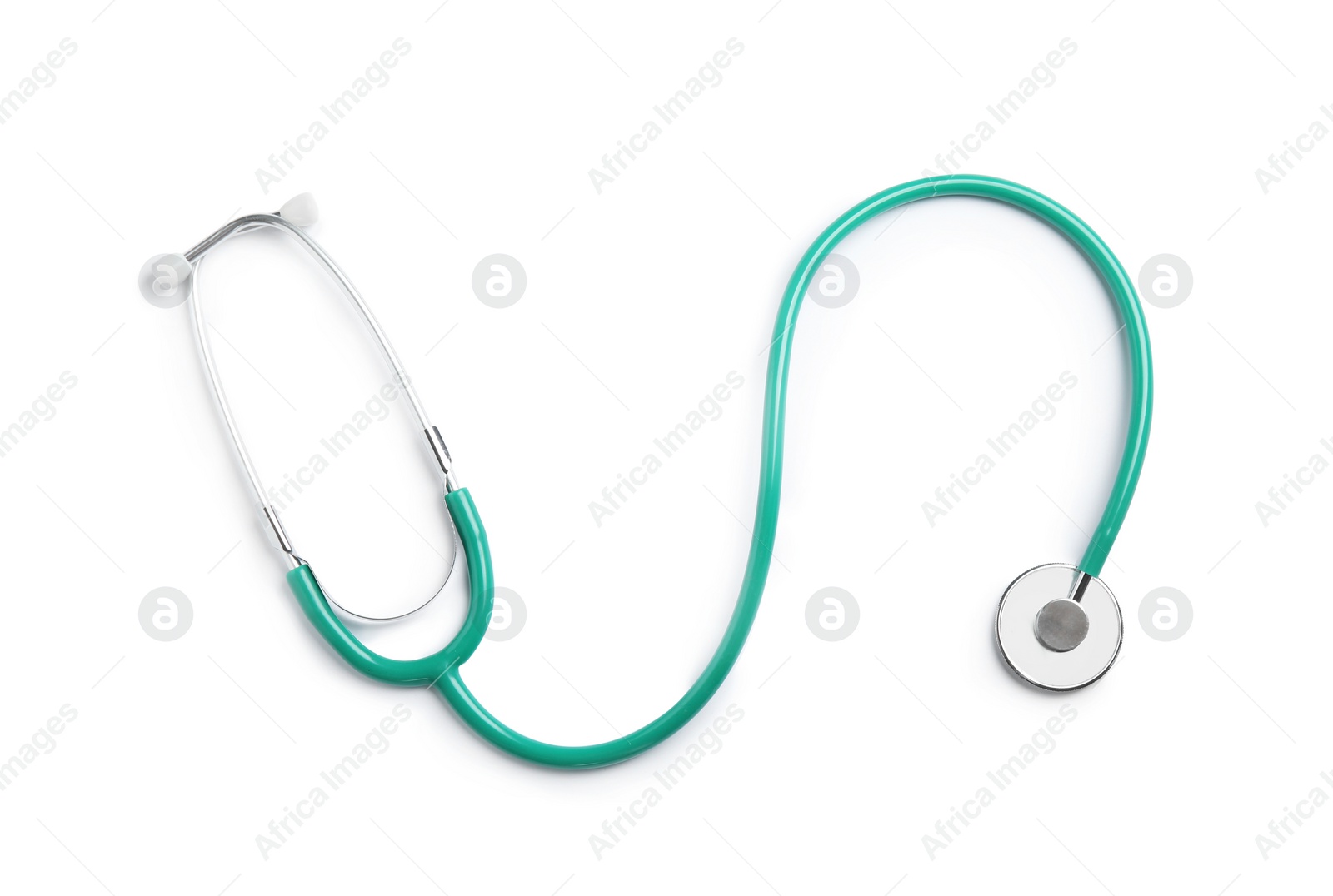 Photo of Stethoscope isolated on white, top view. Medical tool