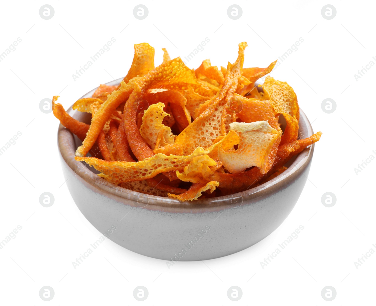 Photo of Dry orange peels in bowl isolated on white