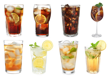 Image of Set of soft and strong refreshing drinks on white background