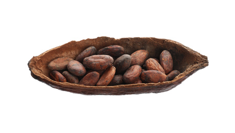 Photo of Half of dry cocoa pod with beans isolated on white