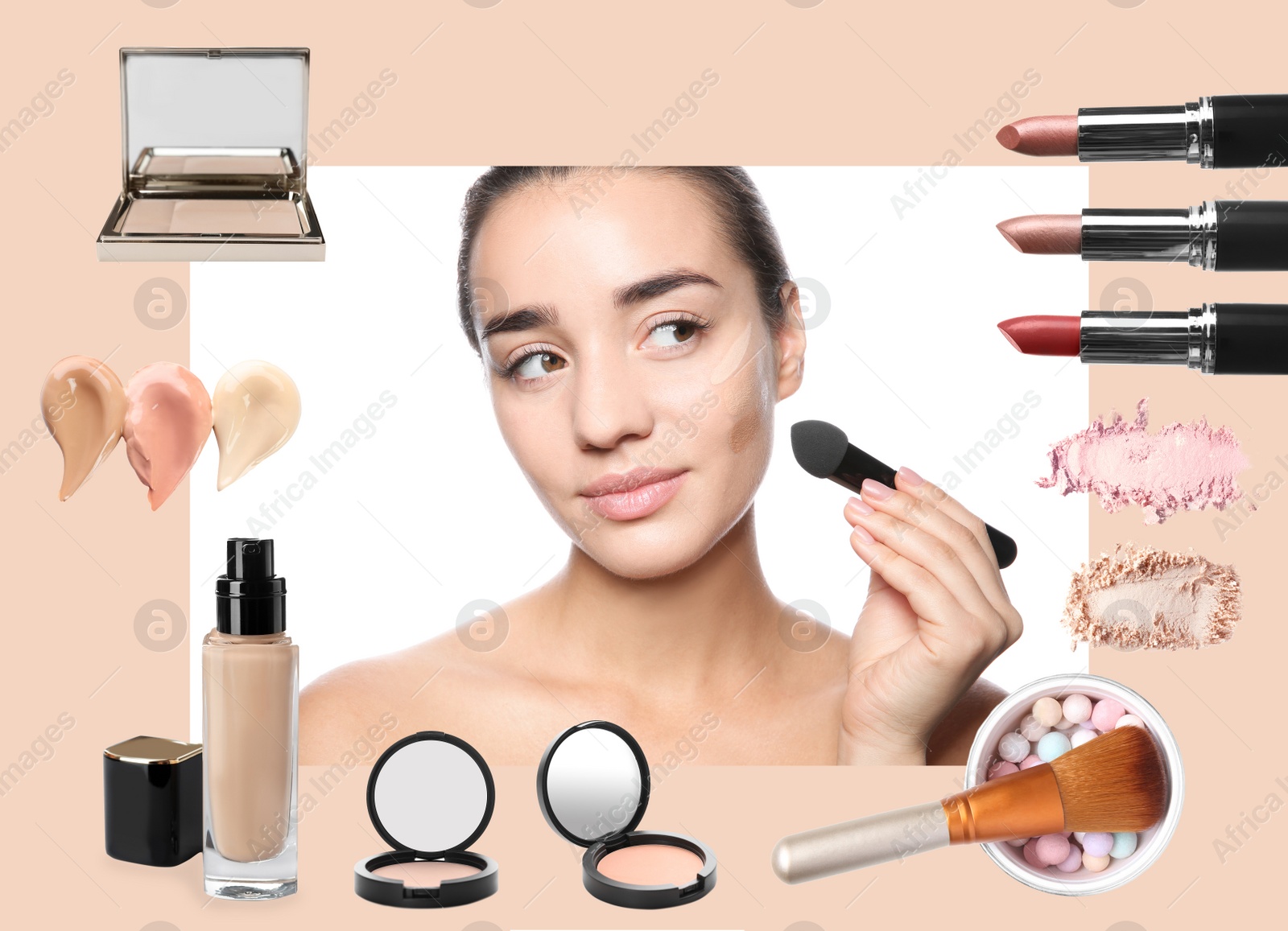 Image of Beautiful woman and professional cosmetic products on color background. Makeup artist