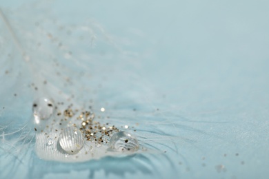 Photo of Closeup view of beautiful feather with dew drops and glitter on light blue background, space for text