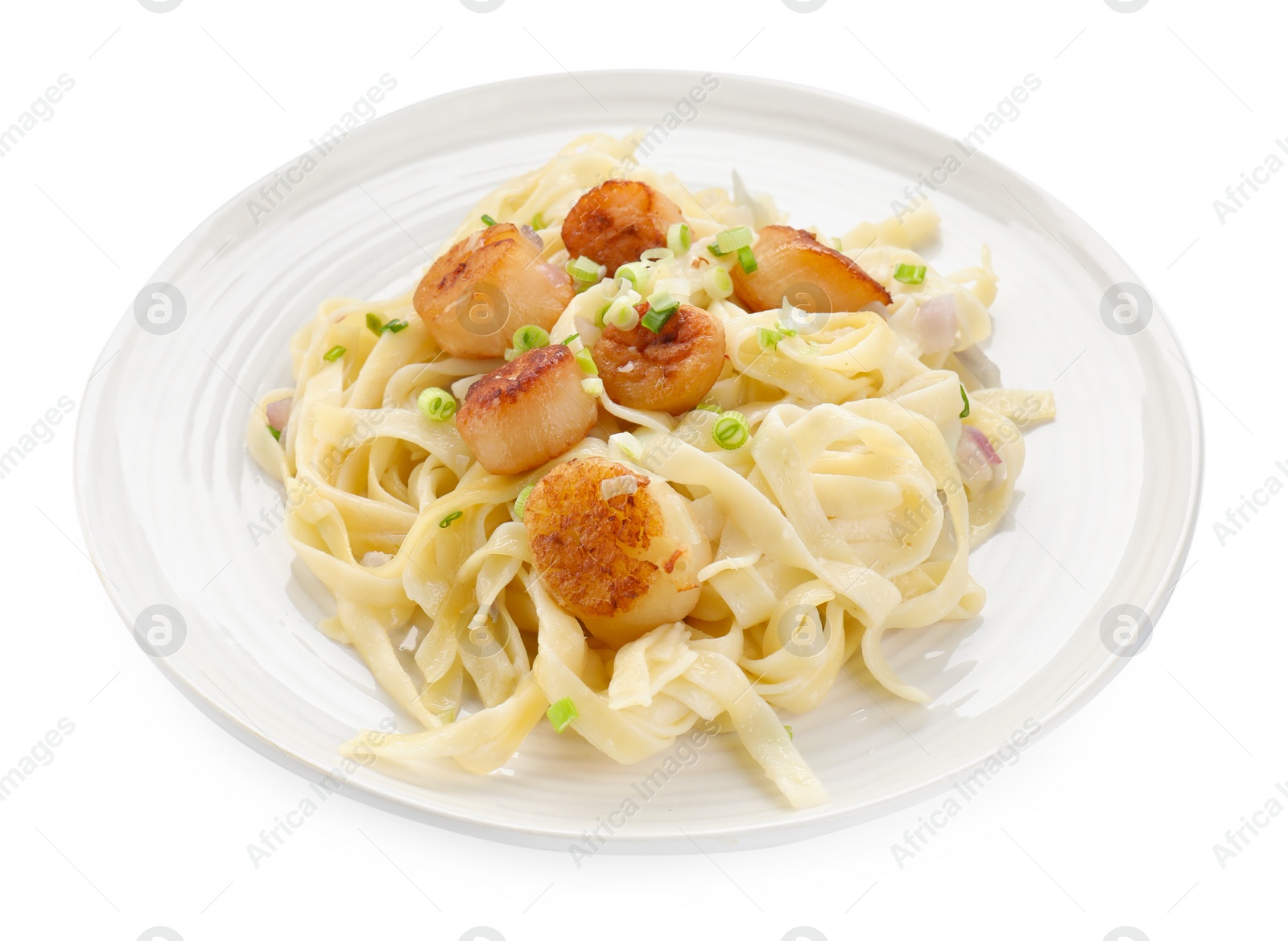 Photo of Delicious scallop pasta with onion isolated on white