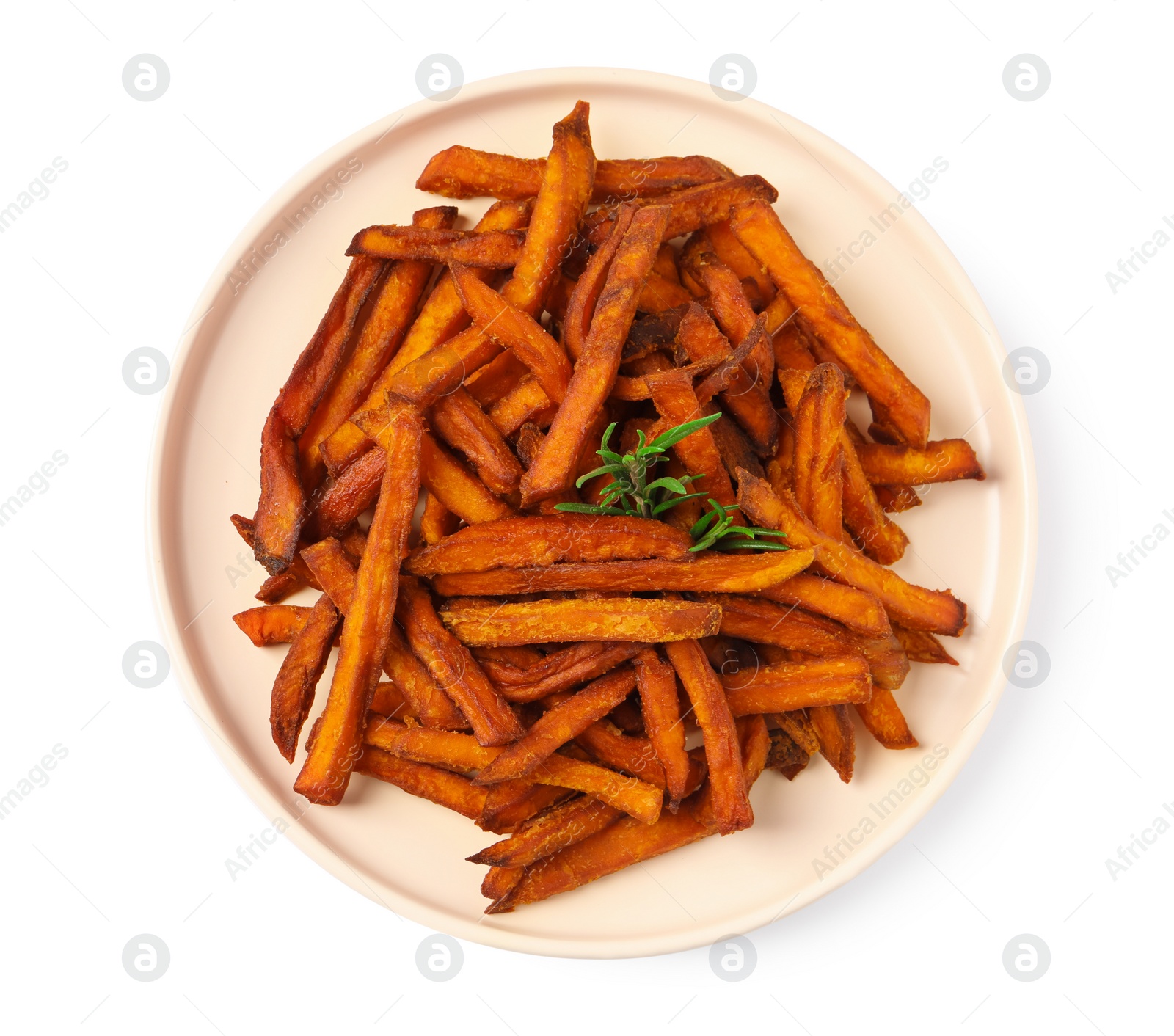 Photo of Plate with delicious sweet potato fries on white background, top view