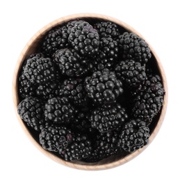 Fresh ripe blackberries in wooden bowl isolated on white, top view