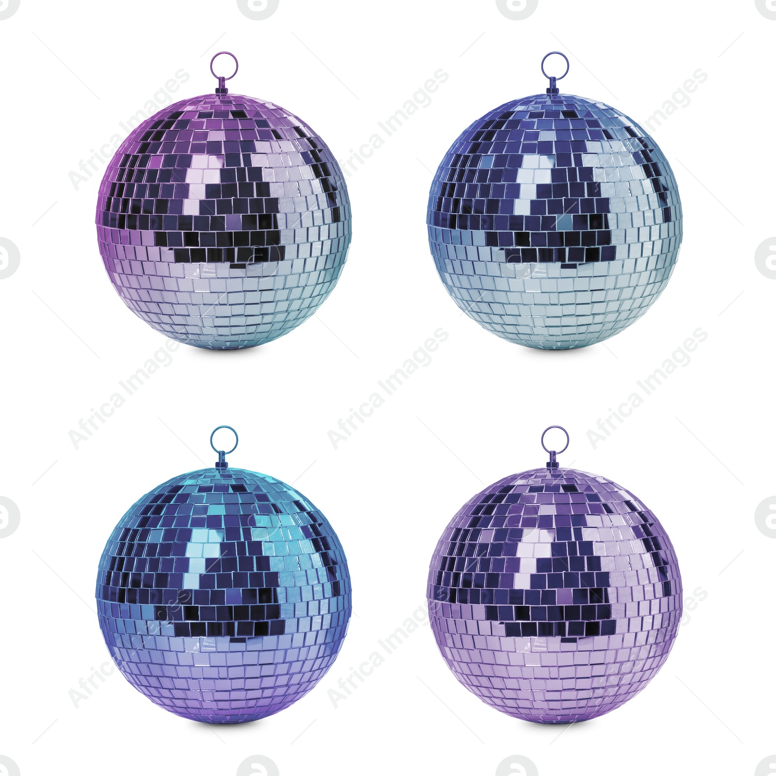 Image of Set with colorful shiny disco balls on white background