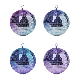 Image of Set with colorful shiny disco balls on white background