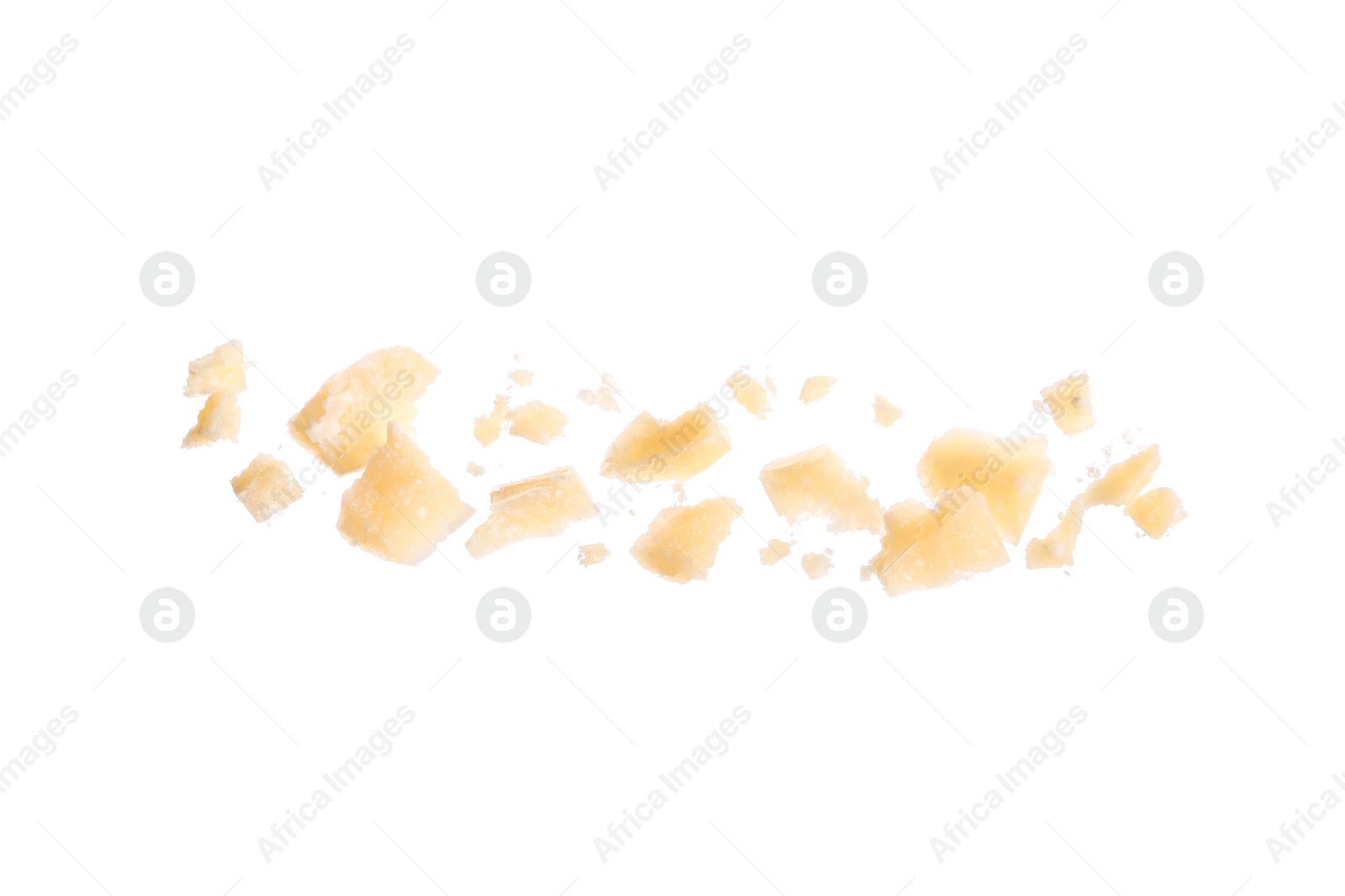 Photo of Pieces of delicious parmesan cheese on white background