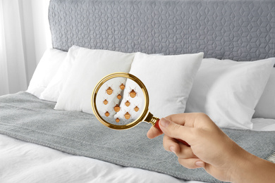 Image of Woman with magnifying glass detecting bed bugs on bed, closeup
