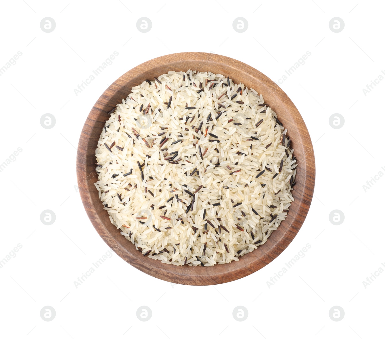 Photo of Mix of brown and polished rice in wooden bowl isolated on white, top view