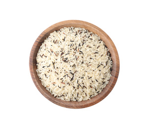 Photo of Mix of brown and polished rice in wooden bowl isolated on white, top view