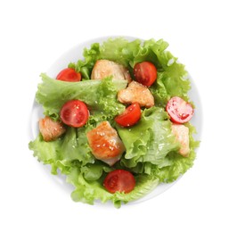Delicious salad with chicken and cherry tomato in bowl isolated on white, top view