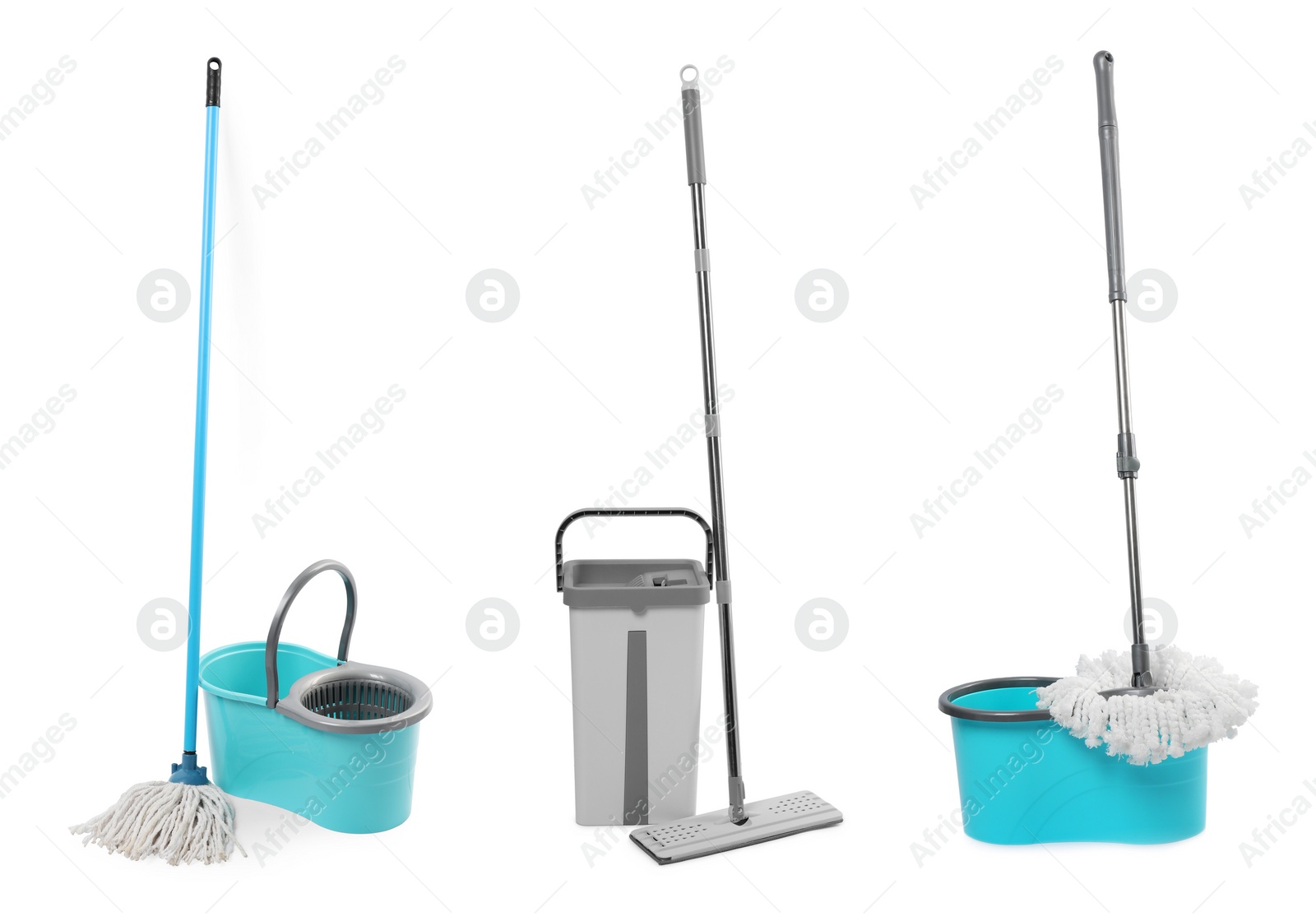 Image of Set of mops and buckets on white background