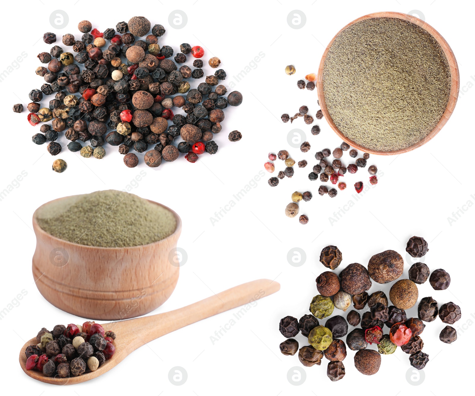 Image of Set of ground pepper and grains on white background