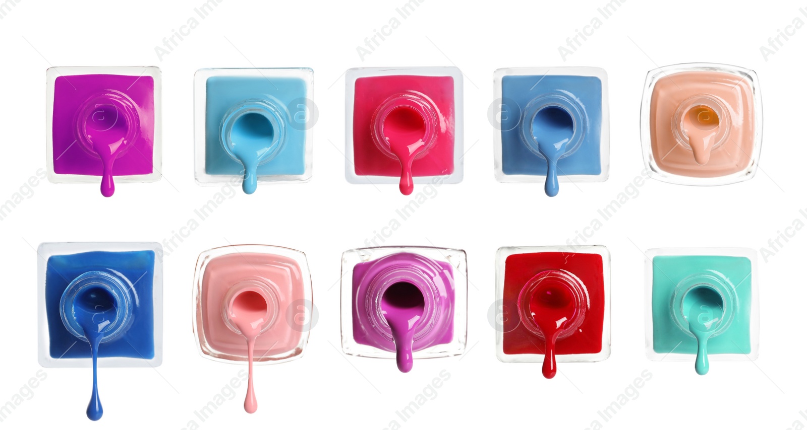 Image of Set of different nail polishes on white background. Banner design