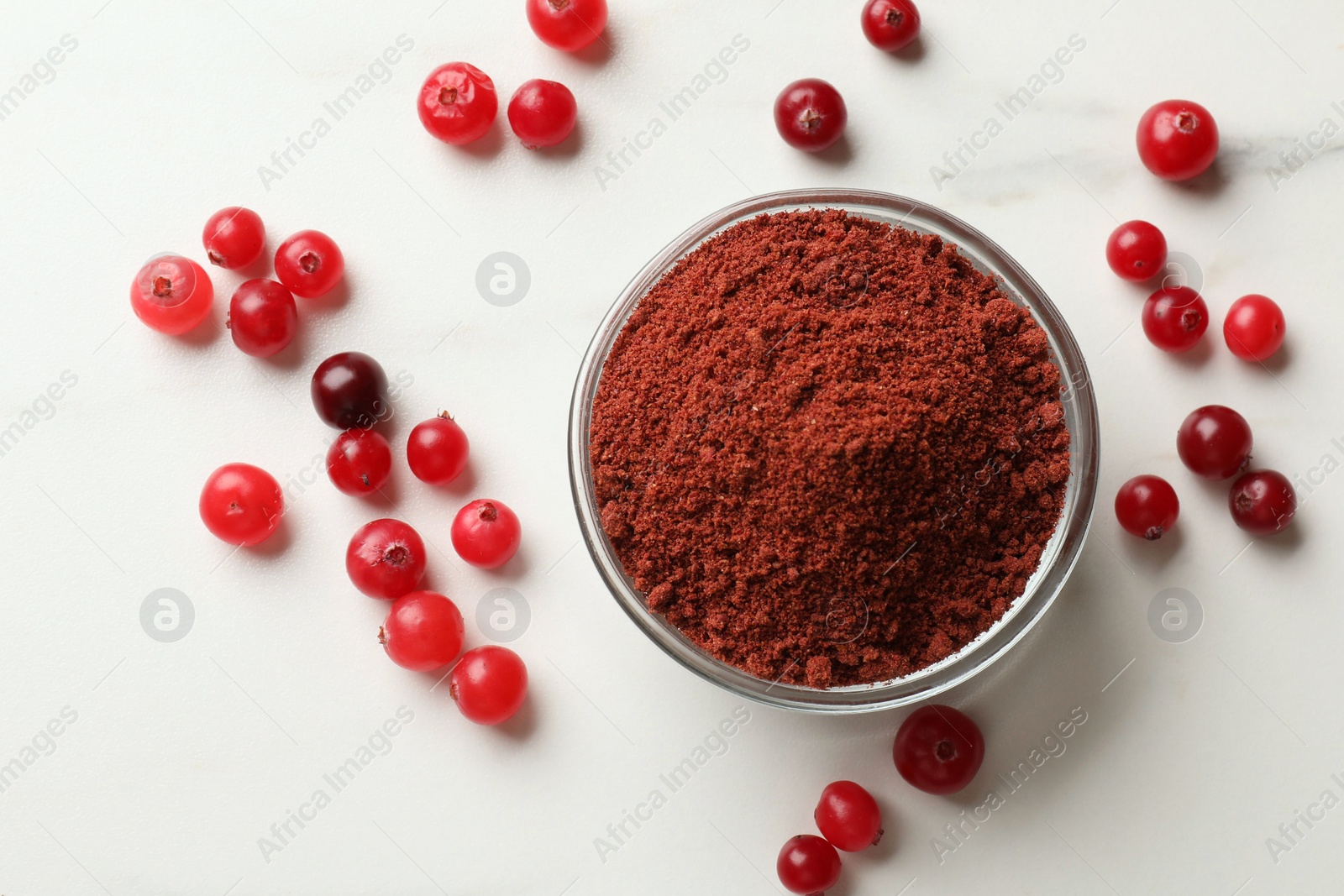 Photo of Dried cranberry powder in bowl and fresh berries on white marble table, top view