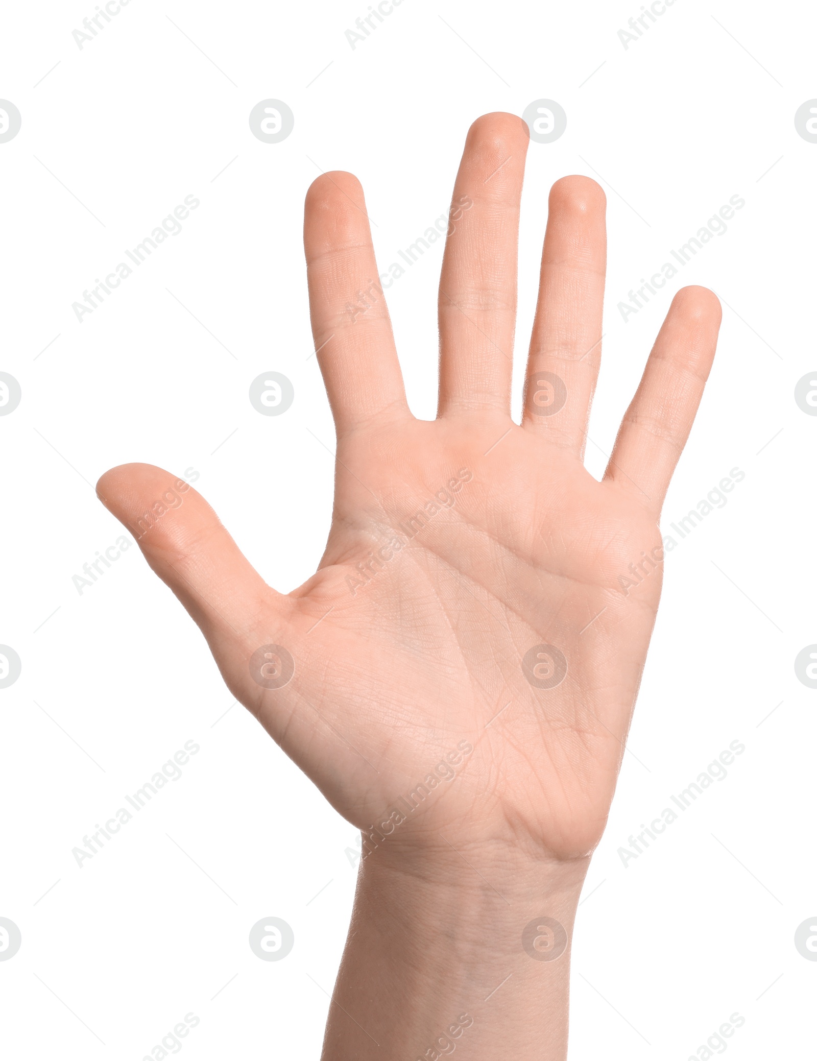 Photo of Woman giving high five on white background, closeup of hand