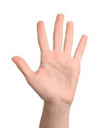 Photo of Woman giving high five on white background, closeup of hand