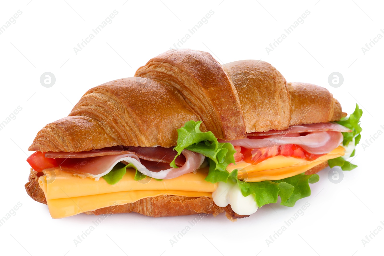 Photo of Tasty croissant sandwich with ham and cheese isolated on white