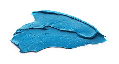 Photo of Blue oil paint strokes on white background, top view