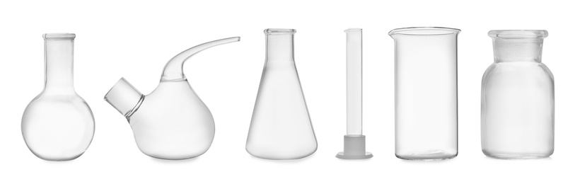 Set of laboratory glassware on white background. Banner design