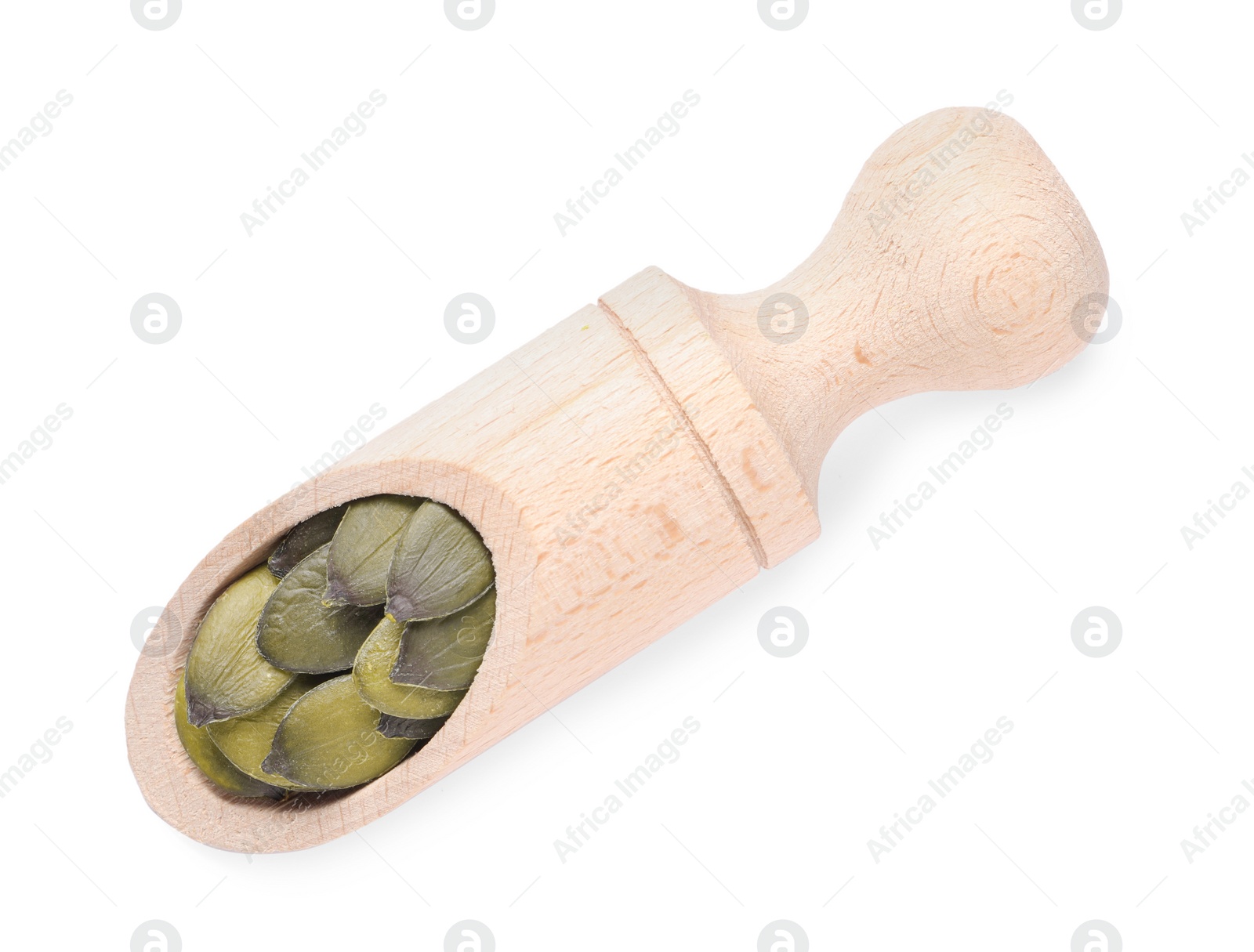 Photo of Wooden scoop with pumpkin seeds isolated on white, top view