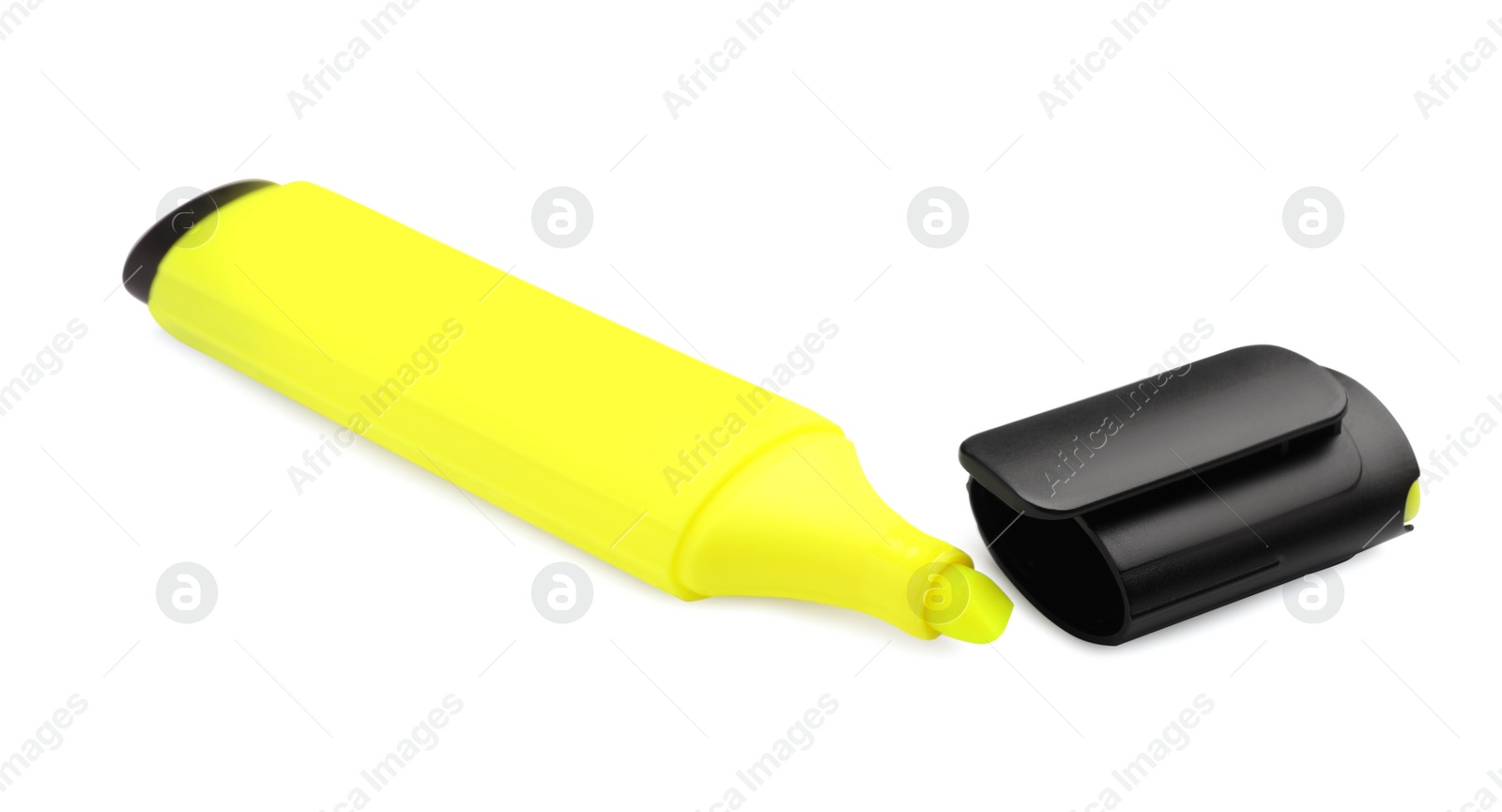 Photo of Bright yellow marker isolated on white. Office stationery