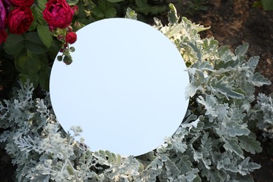 Photo of Round mirror among plants and flowers reflecting sky, top view
