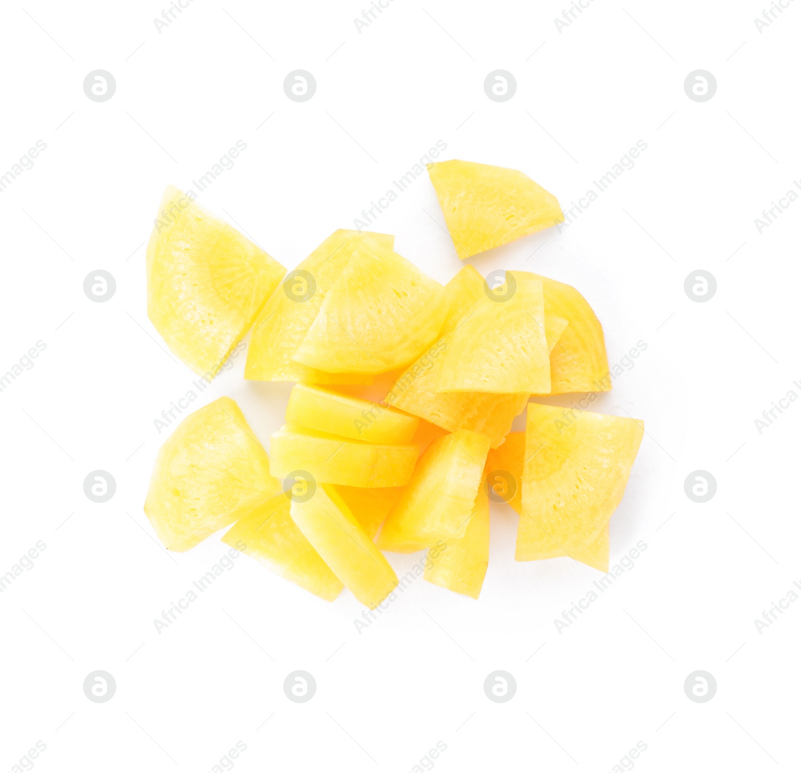 Photo of Slices of raw yellow carrot isolated on white, top view